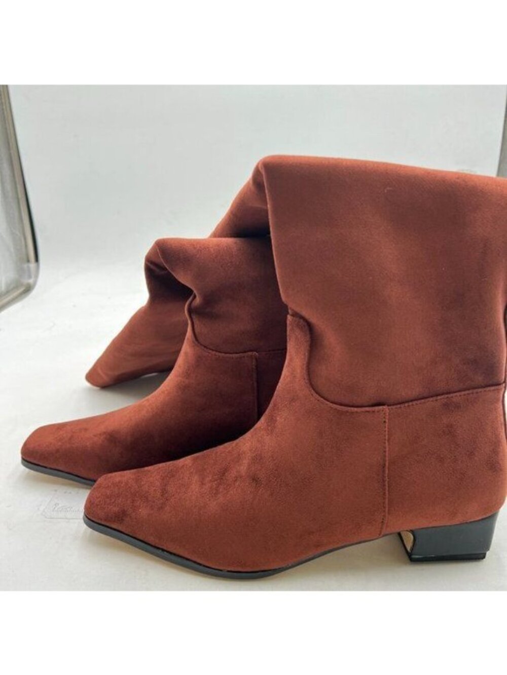 Dark Brown Square Toe Knee High Boot Wide Calf Low Chunky Heels Long Boot - Picture 4 of 8